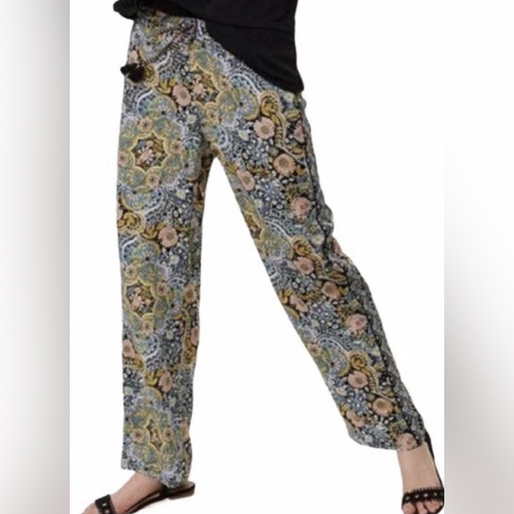 LOFT TAPESTRY PRINT RAYON FLOWY PANTS IN BLUE, PINK, MUSTARD, BLACK SZ S